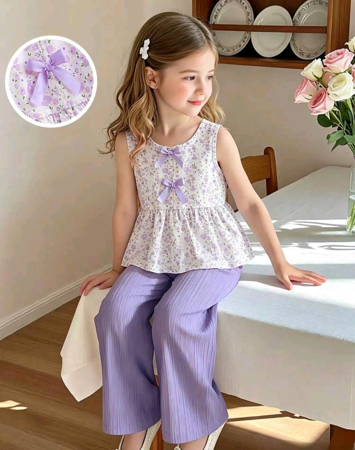 Blusa sin mangas con detalles en moños y estampa floral + pantalón