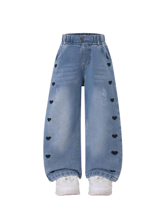 Pantalon de Jeans engomado en la cintura y bordados de corazón