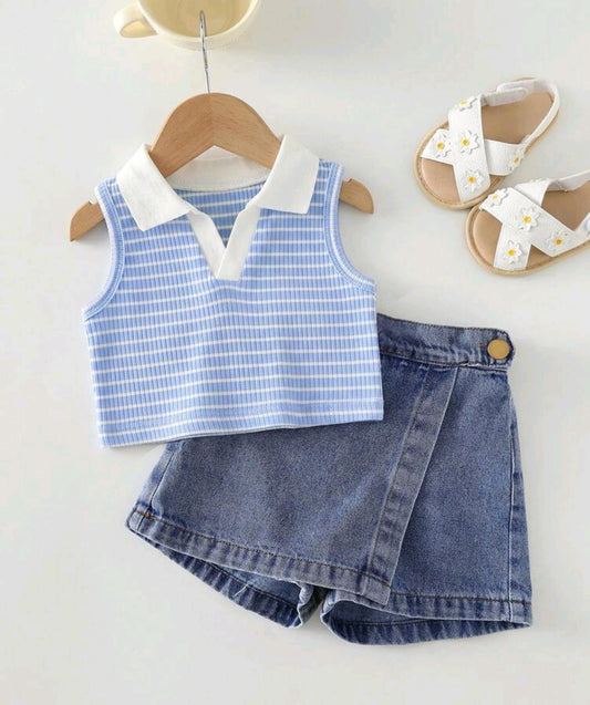 Blusa sin mangas con cuello + short pollera de Jeans