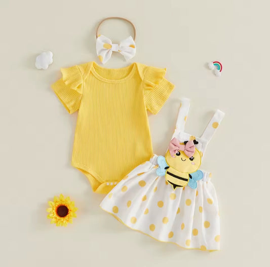 Body acanalada+ vestido con diseño de abejita+ diadema
