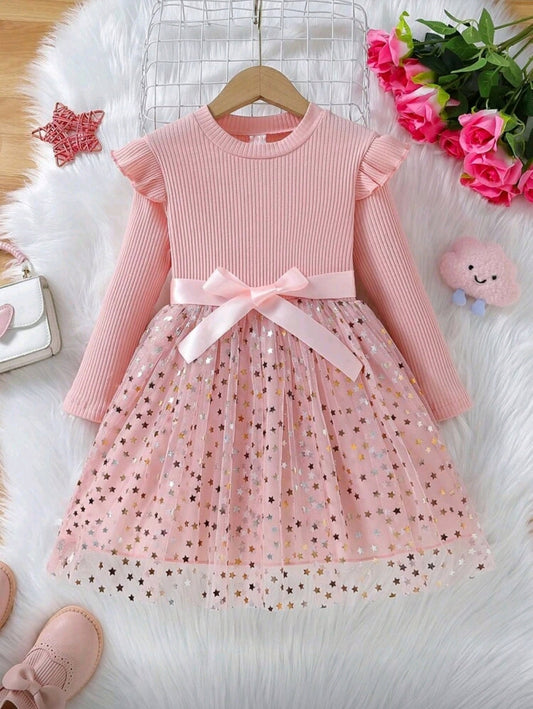 Vestido mangas largas acanaladas con tul brillantes