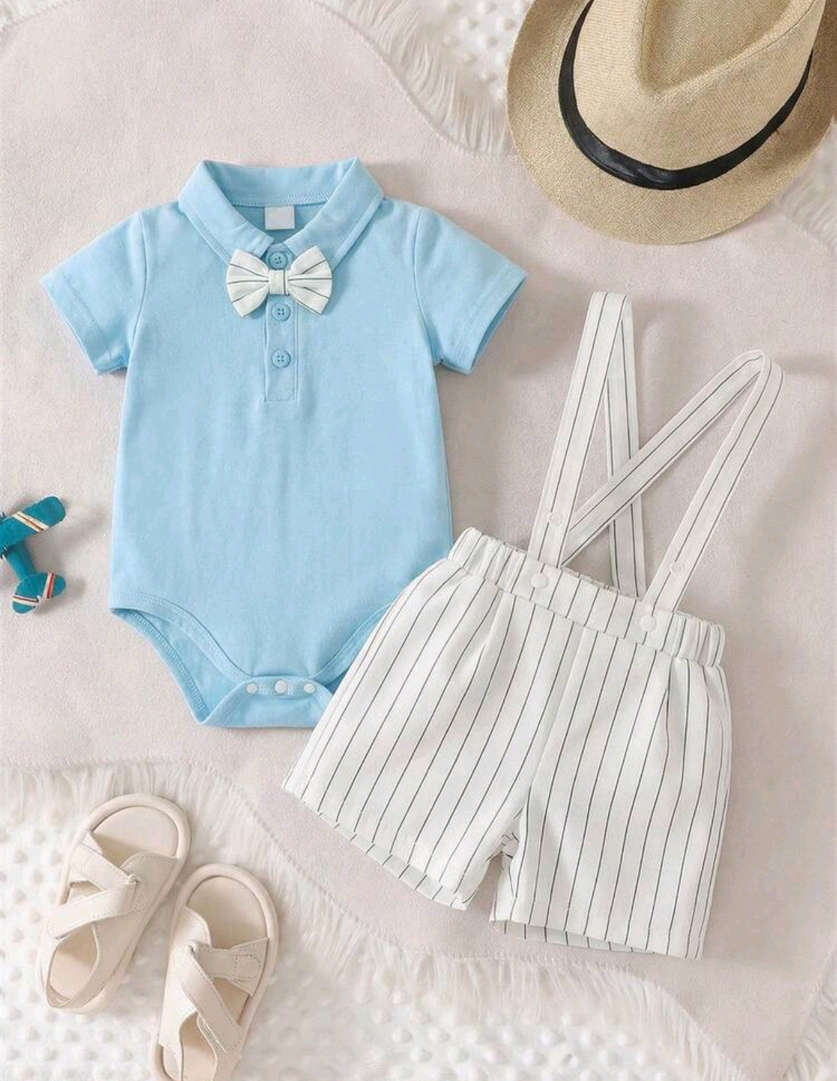 Body camisa con moño + short a rayas