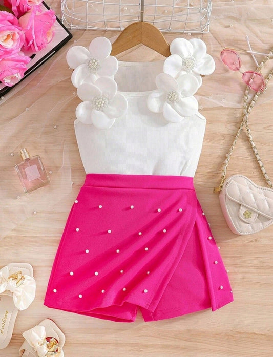 Blusa con detalles en flores 3D+ short pollera con detalles en perlitas