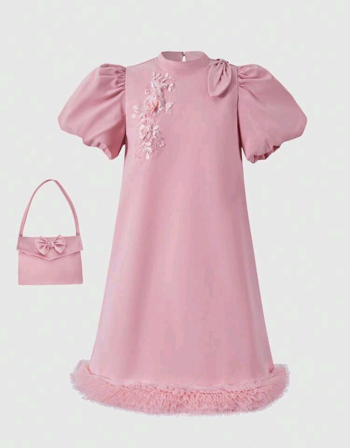 Vestido Chic de mangas Abullonadas y bordado floral ( incluye el bolsito)
