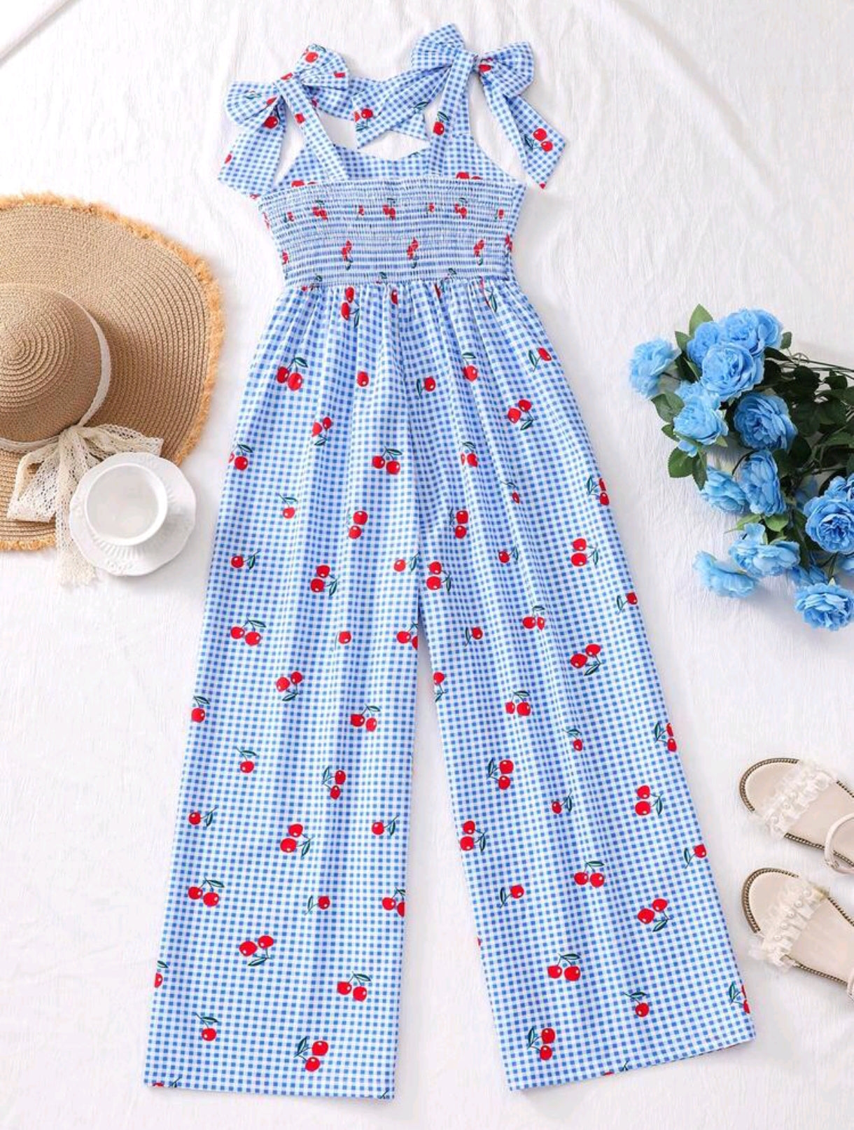 Enterizo para preadolescente con estampado a cuadros y cerezas