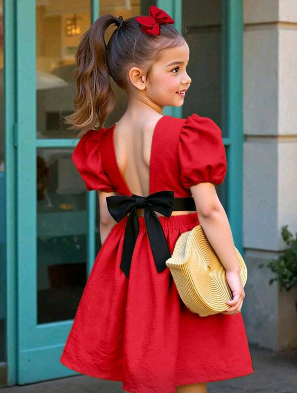 Vestido de mangas abullonadas, con lazo en la espalda abierta