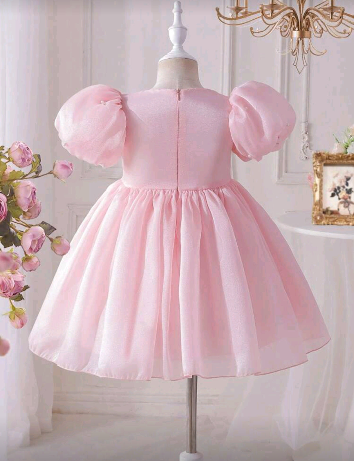 Vestido elegante de mangas abullonadas con perlitas