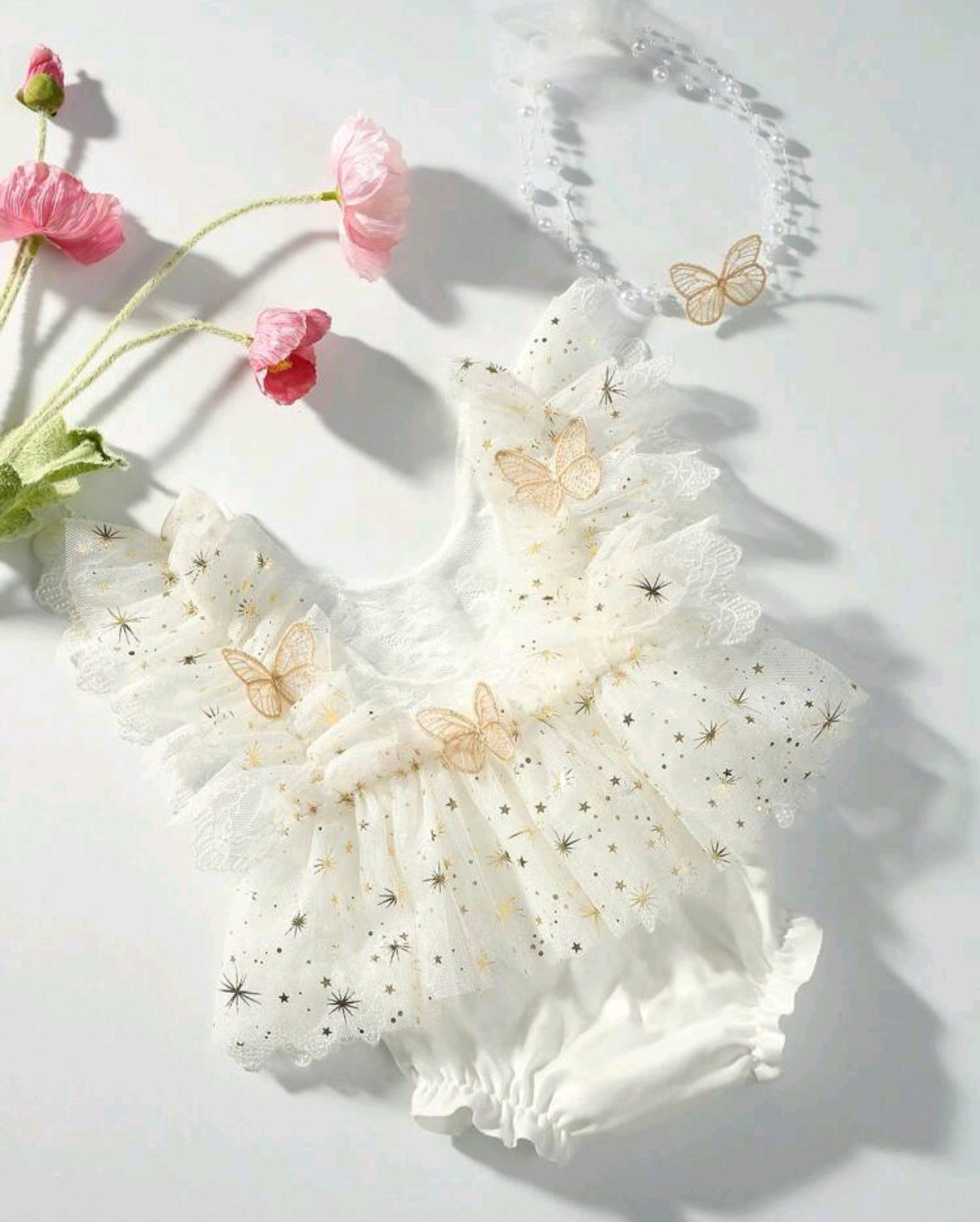 Body de renda RN con detalles de mariposas+ diadema