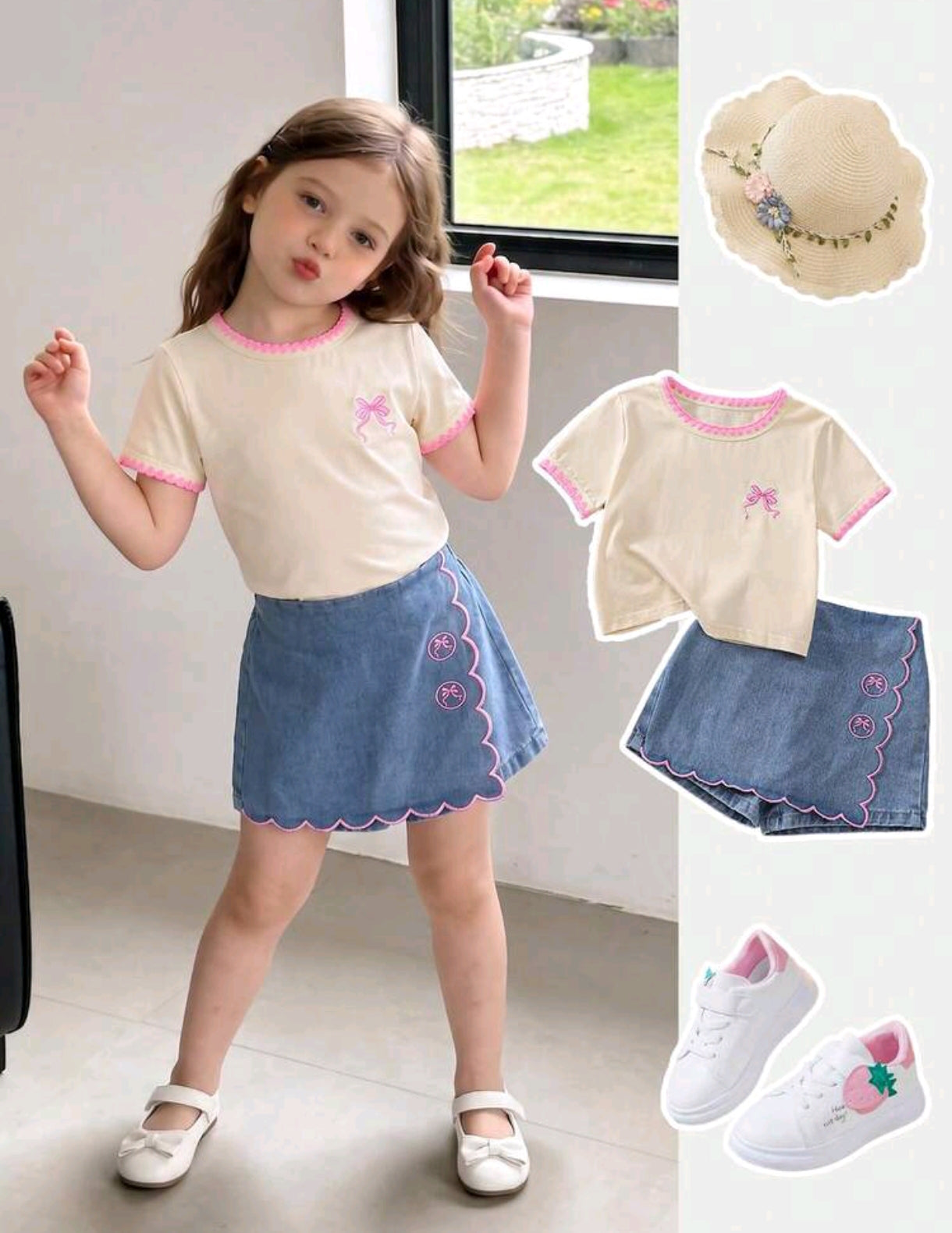 Blusa con bordados de moño+ short pollera de Jeans