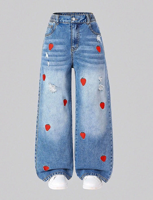 Pantalón de Jeans Preadolescente con bordados de fresas
