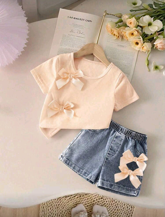 Remerita + short de jeans con detelles en moños