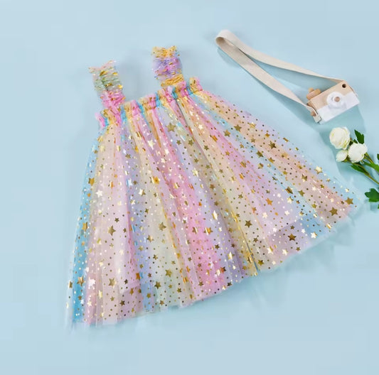 Vestido multicolor de tul con brillos