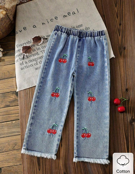 Pantalón de jeans con bordados de cereza
