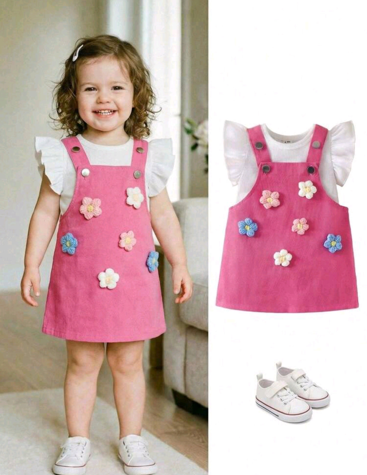Blusa acanala + vestido jardinera con bordados de flores
