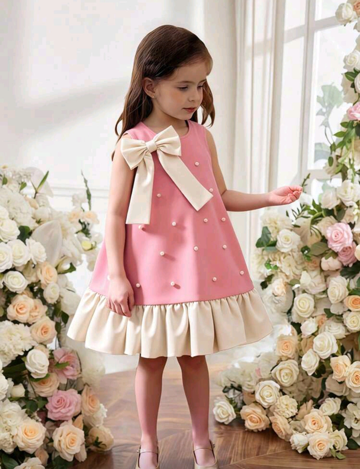 Vestido chic con detalles en pelotas y moño