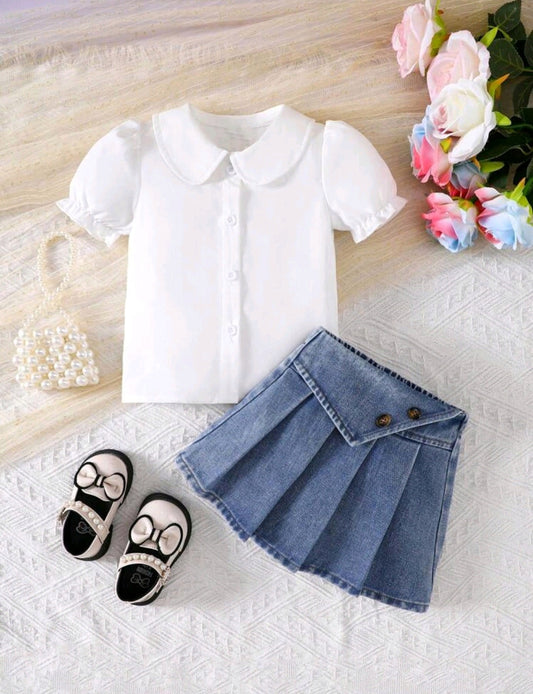 Camisa mangas abullonadas +falda de jeans