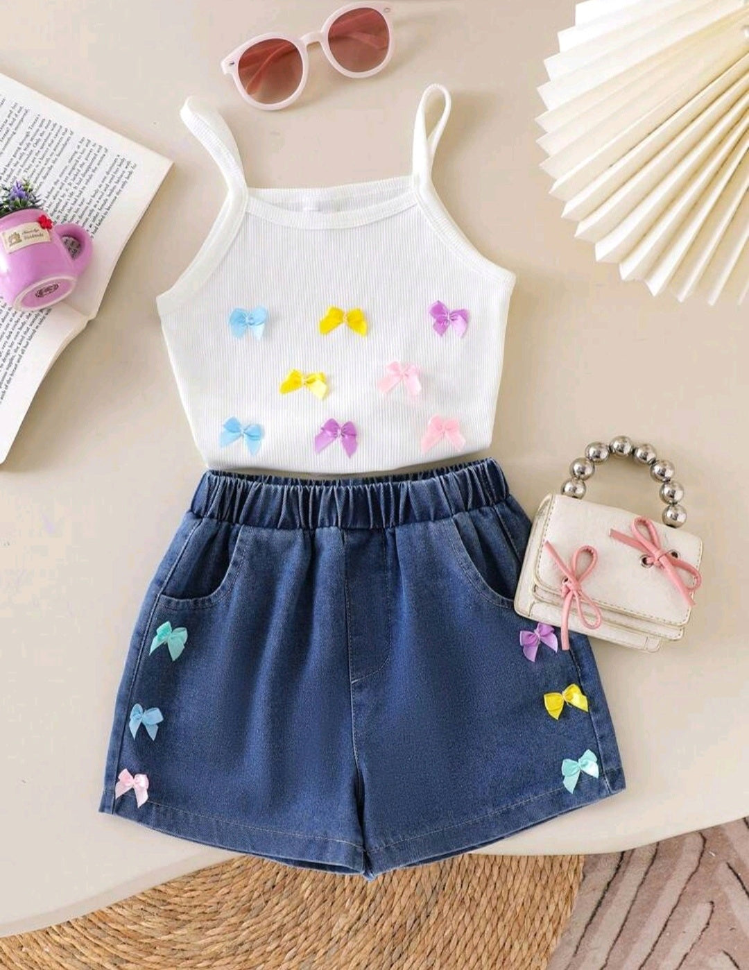 Blusa sin mangas + short de jeans con detalles en moños coloridos