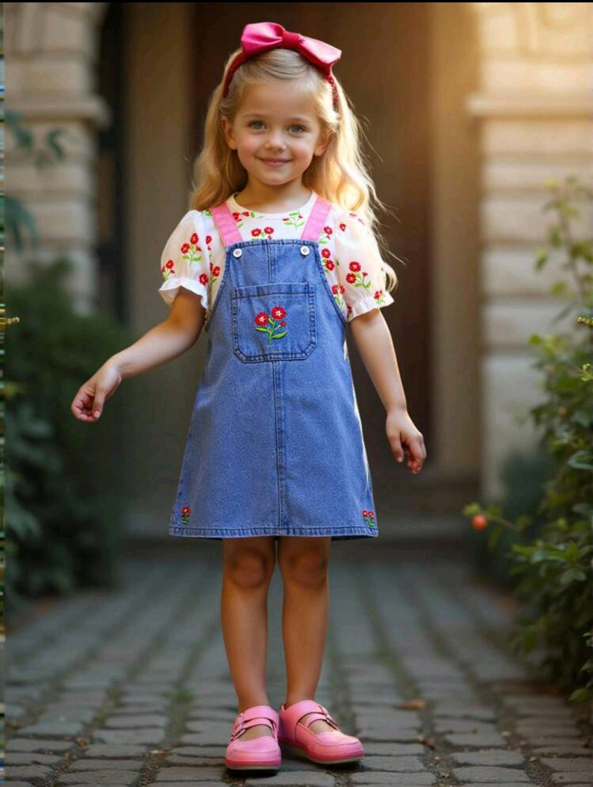 Blusa con estampa floral+ Vestido de jeans con bordados