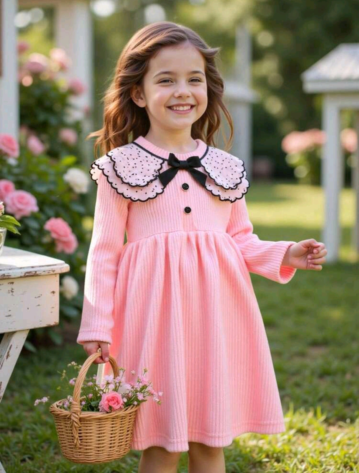 Vestido mangas largas con cuello de amotas