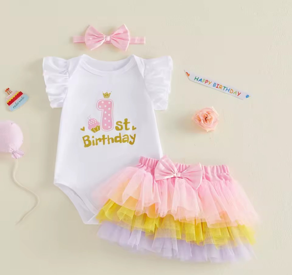 Body 1° añito + tutú colorido + diadema