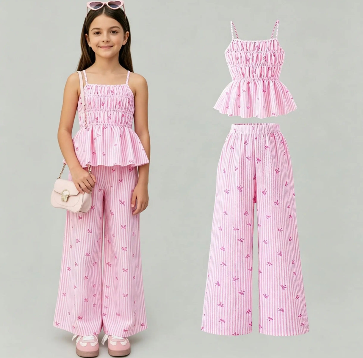 Blusa plisada de Tiritas+ pantalón con estampa de moñitos