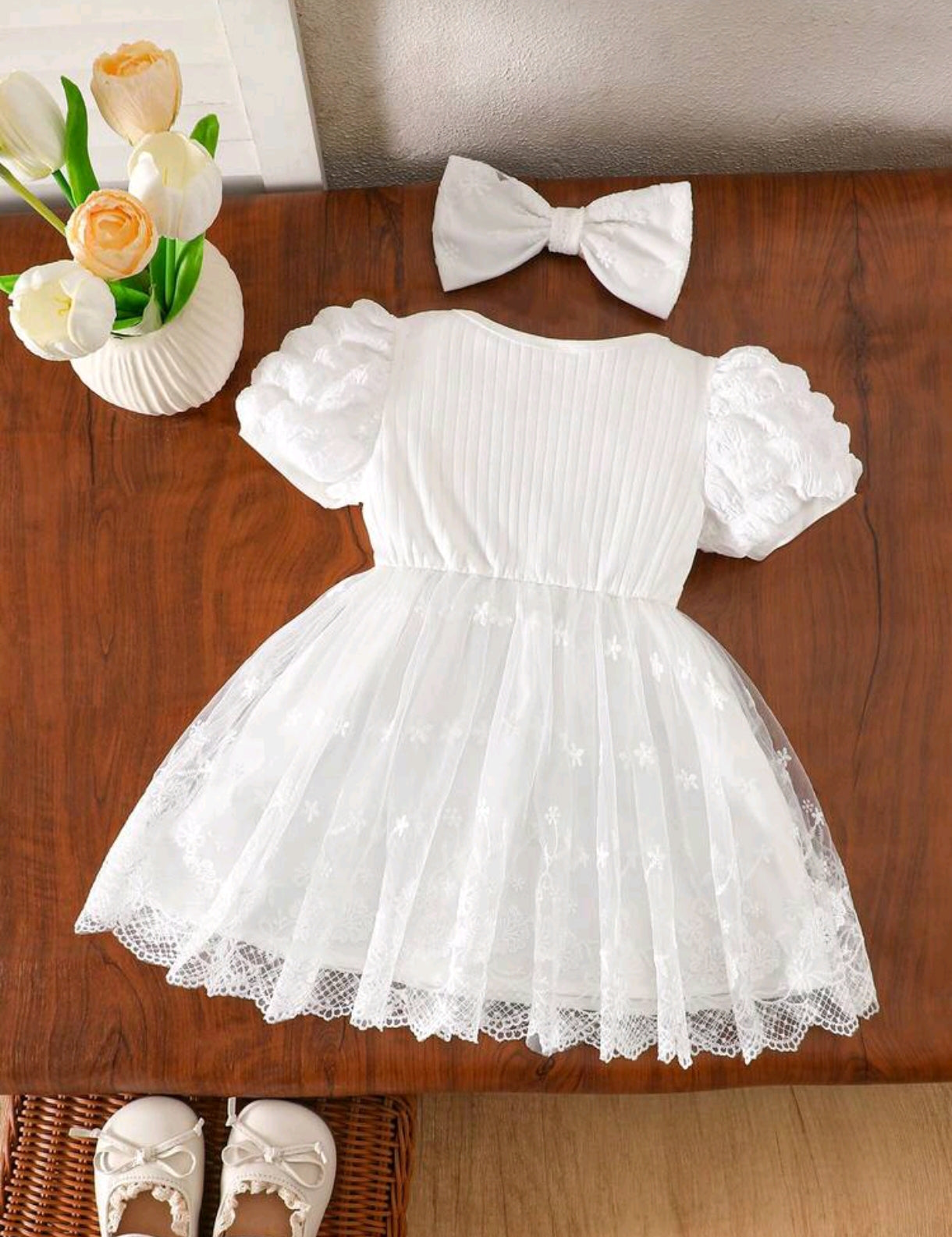 Vestido Blanco bebé con mangas y tul