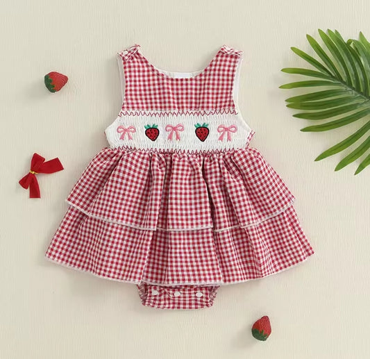 Body vestido a cuadro con diseño de frutillas