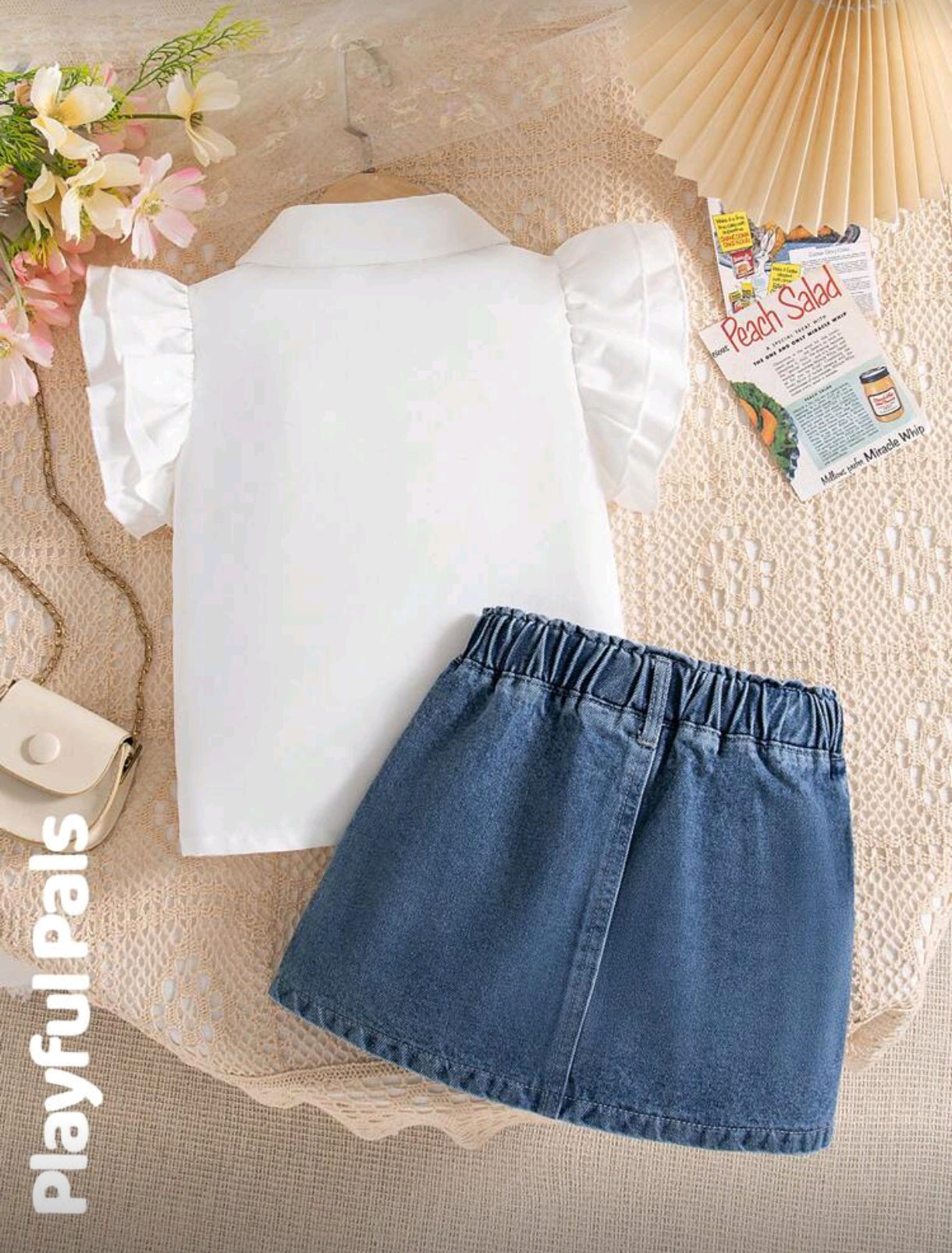 Camisa + falda de jeans con bordados de moños