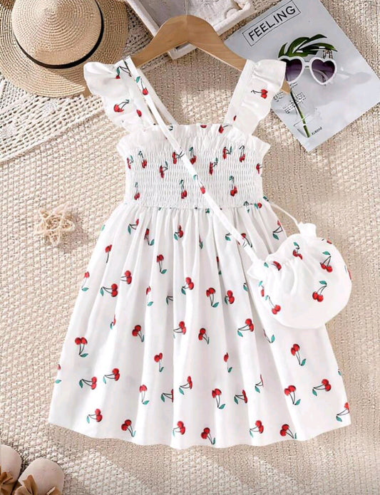 Vestido plisado con estampado de cereza + bolsito