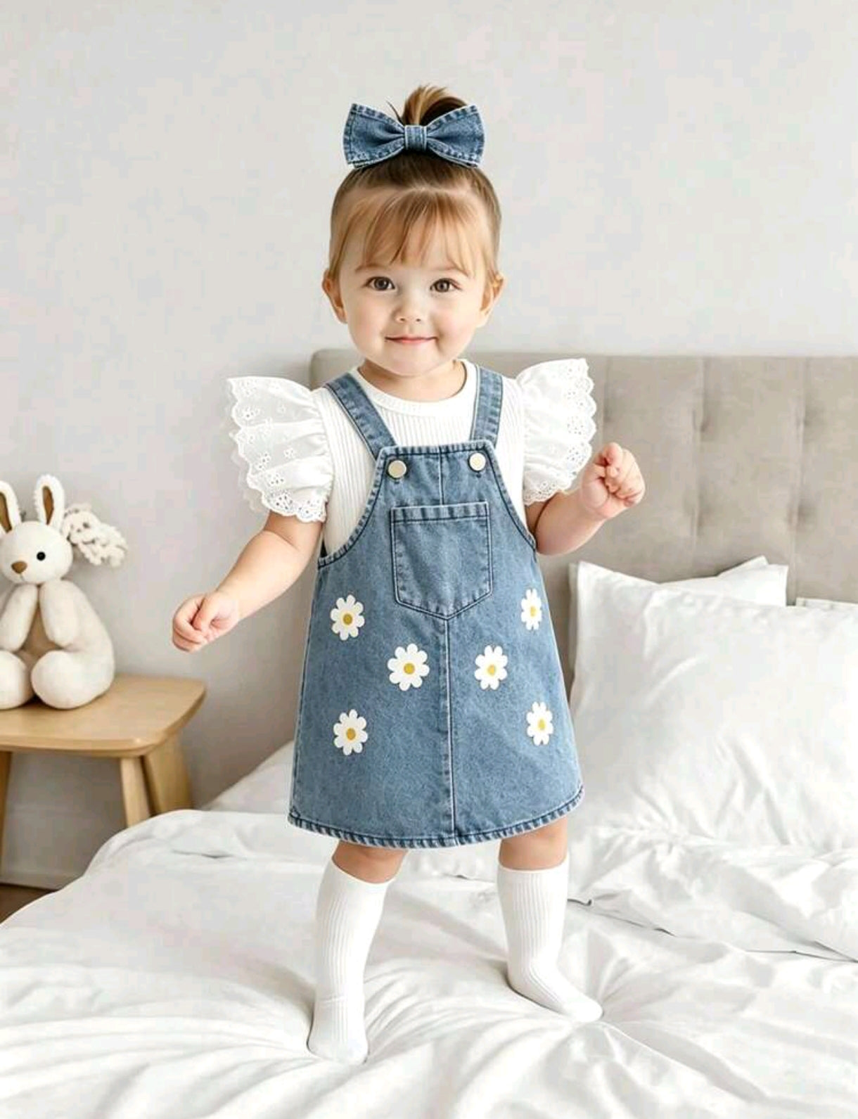 Blusa acanalado+ vestido de jeans con flores