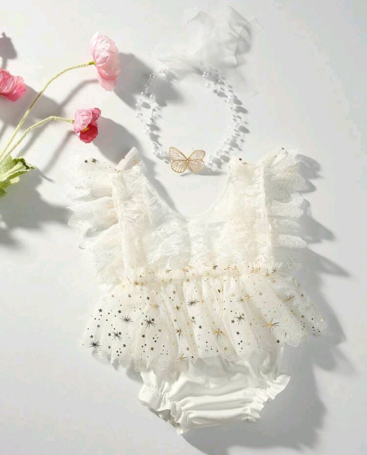 Body de renda RN con detalles de mariposas+ diadema