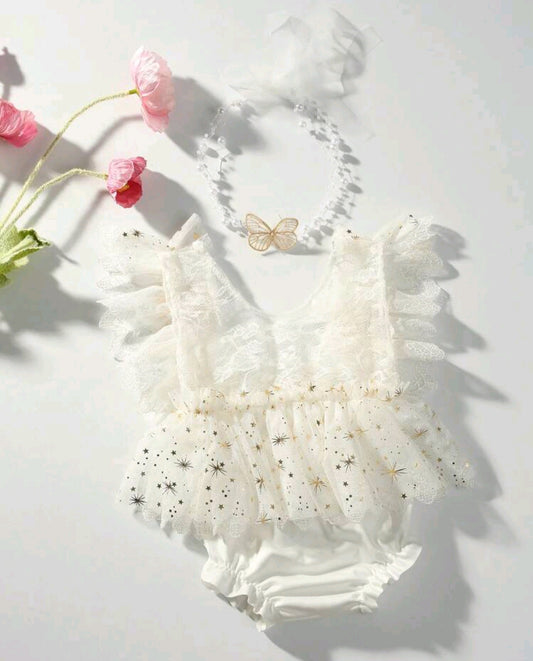 Body de renda RN con detalles de mariposas+ diadema