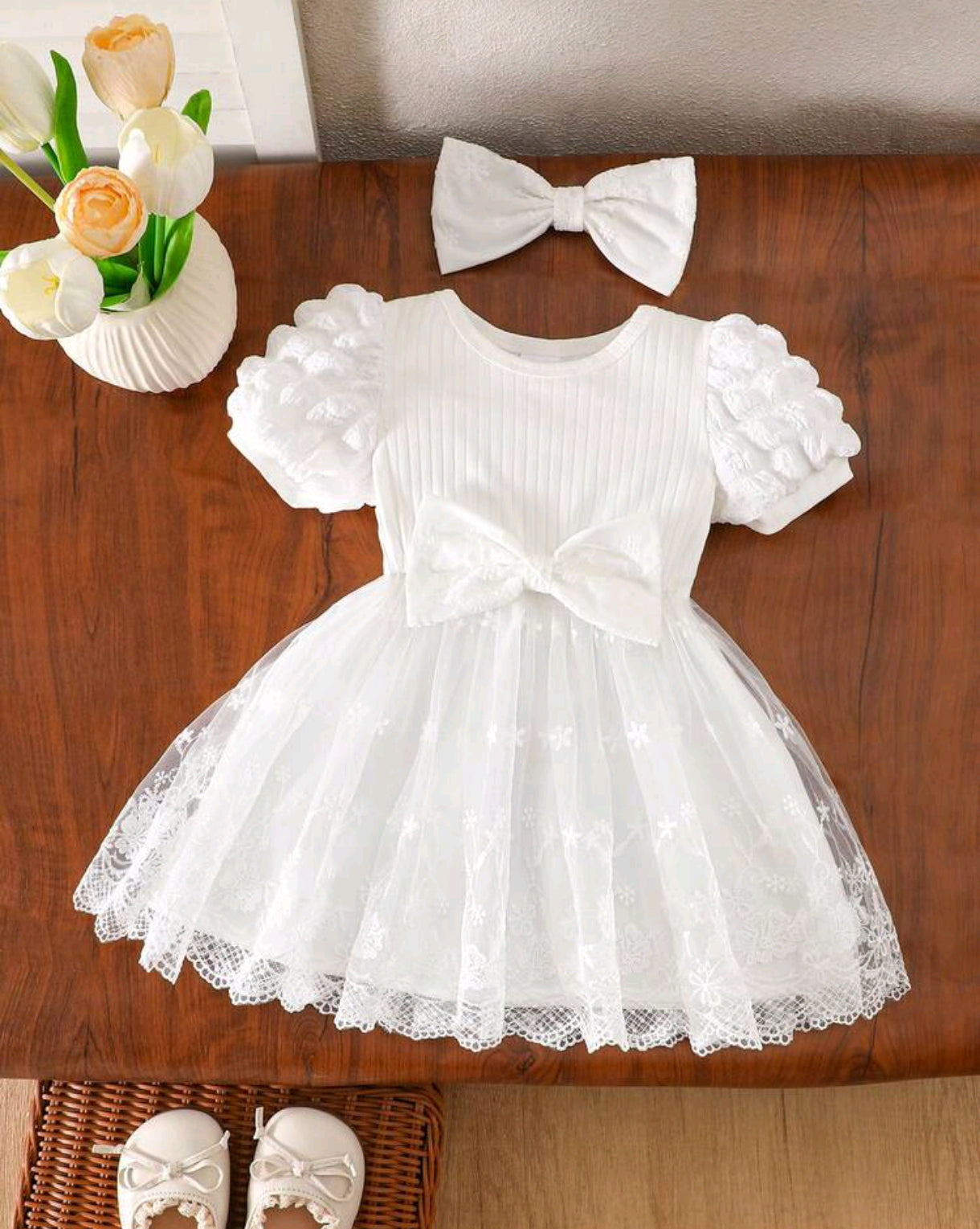 Vestido Blanco bebé con mangas y tul