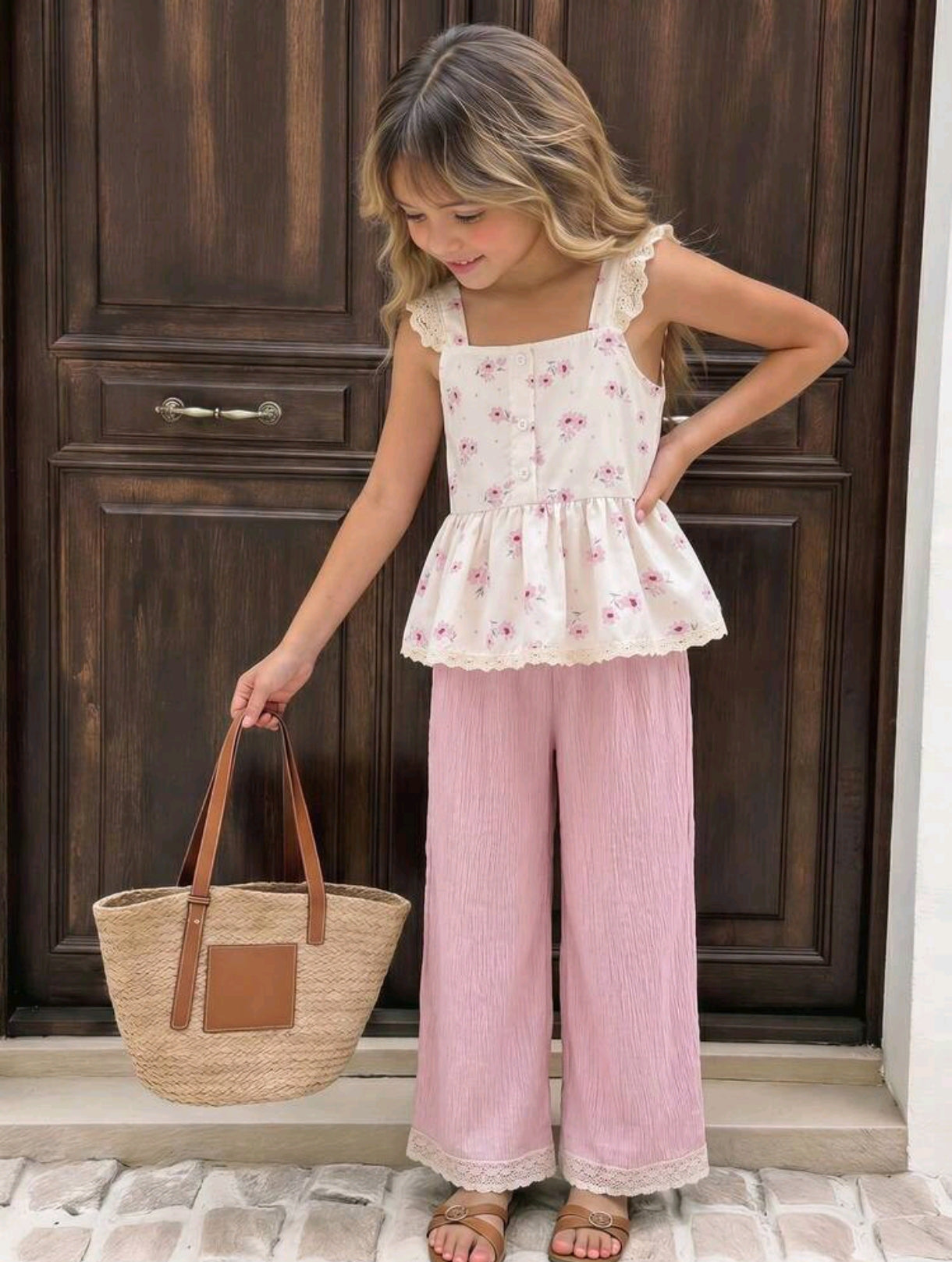 Blusa de tiritas con estampa de flores + pantalón rosa