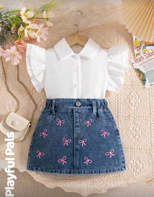 Camisa + falda de jeans con bordados de moños