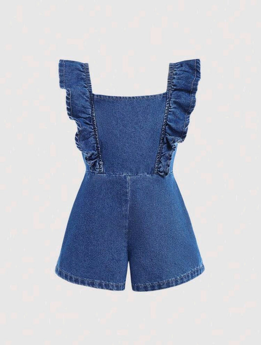 Jardinera de jeans con espalda abierta y detalles en moño