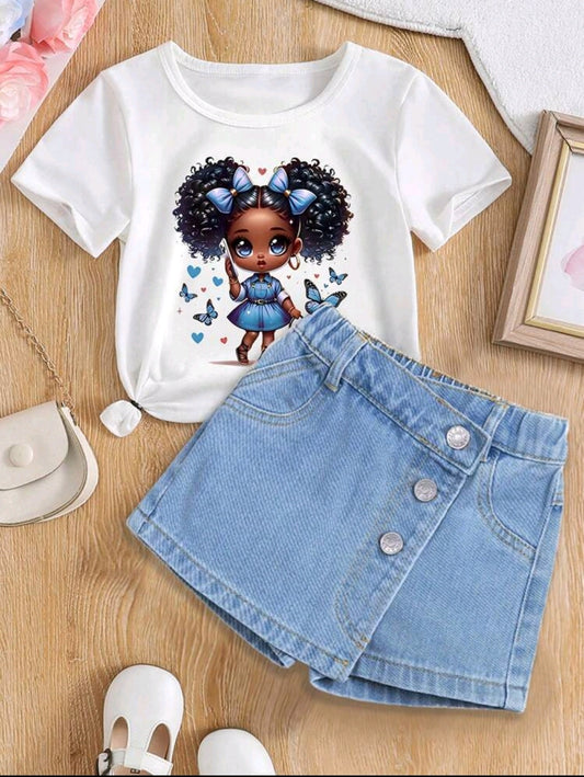Camisa con estampa + short pollera de jeans