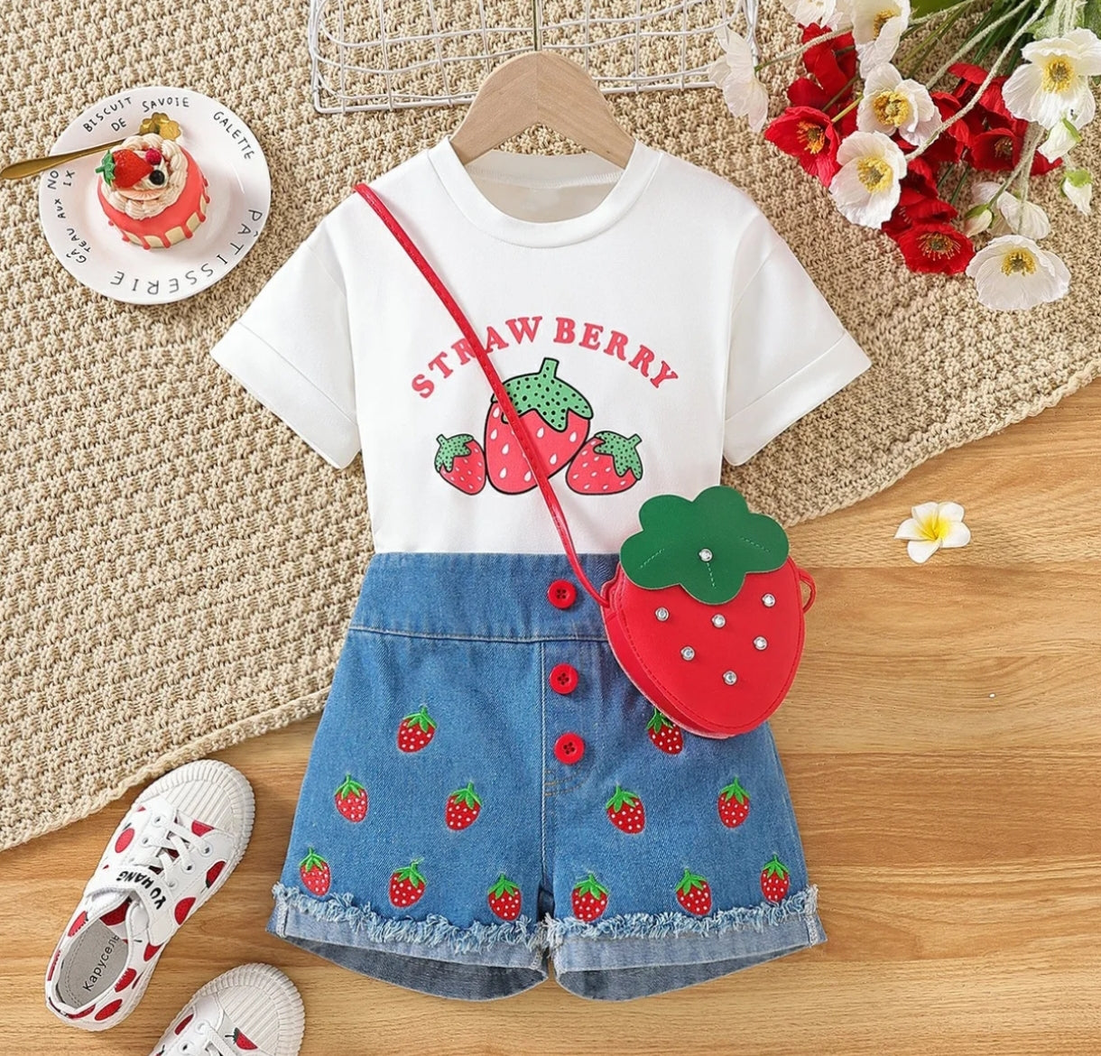 Remera con estampa de Strawberry + short de jeans+ bolsito