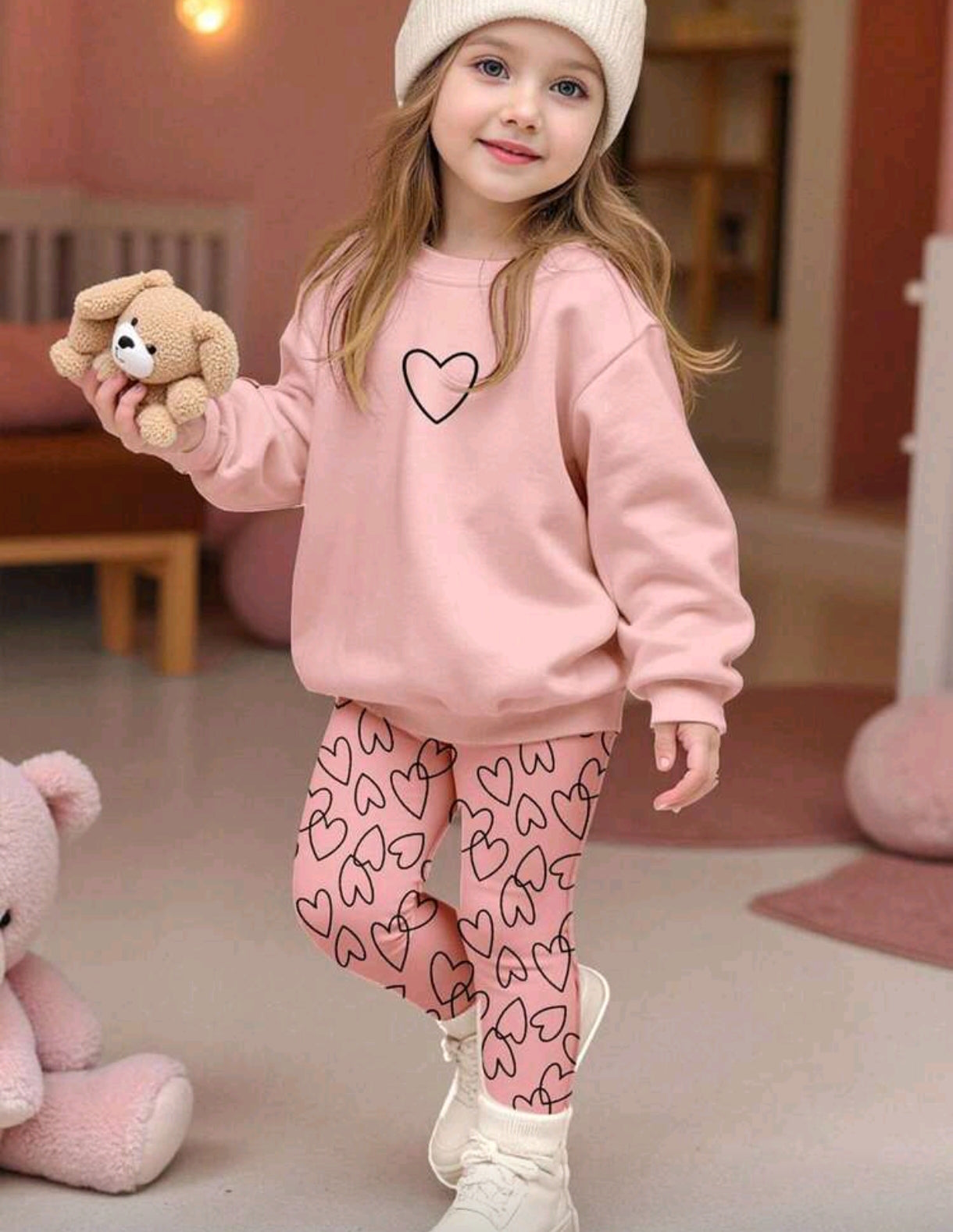 Abrigo mangas largas+ leggins estampado de corazon