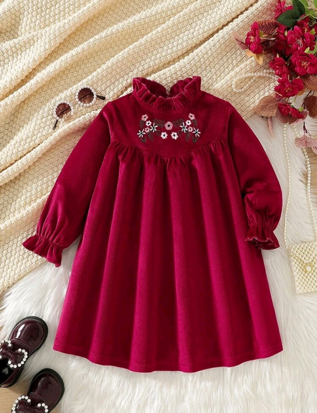 Vestido mangas largas terciopelo con bordados