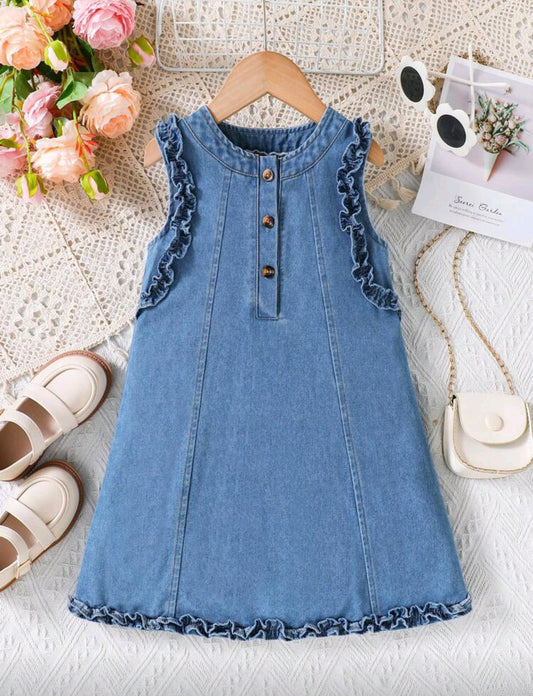 Vestido de jeans sin mangas con detalles en botones y dobladillos