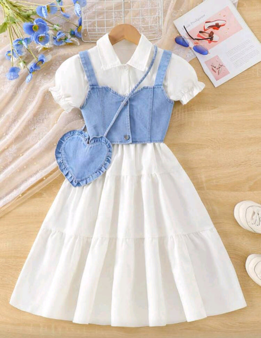 Vestido camisero + chaleco de jeans + bolsito