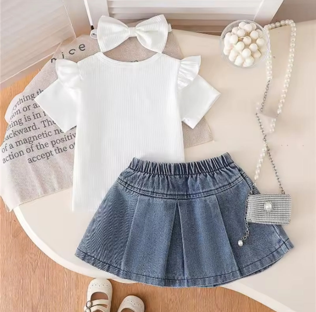 Blusa acanalada + falda de jeans + diadema