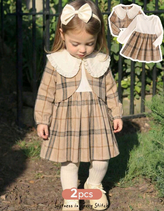 vestido mangas largas + saquito a cuadro