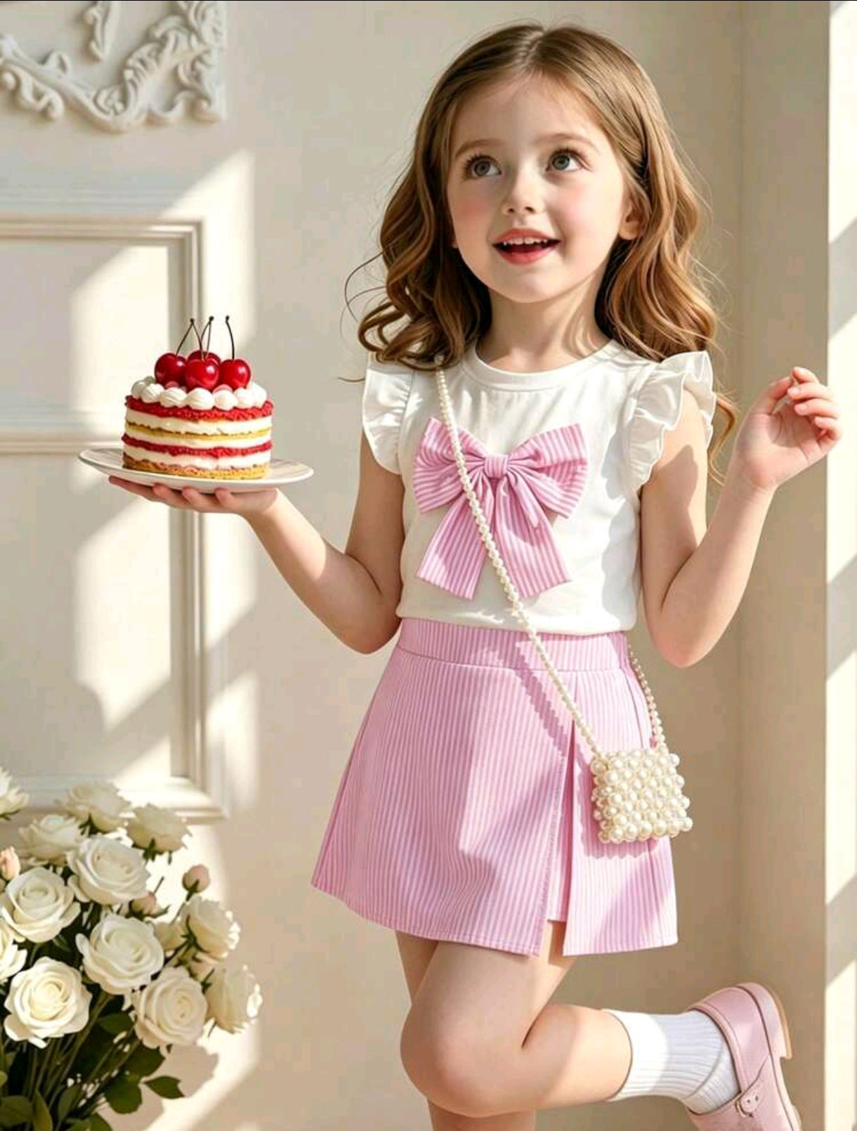 Blusa con moño frontal + short pollera a rayas