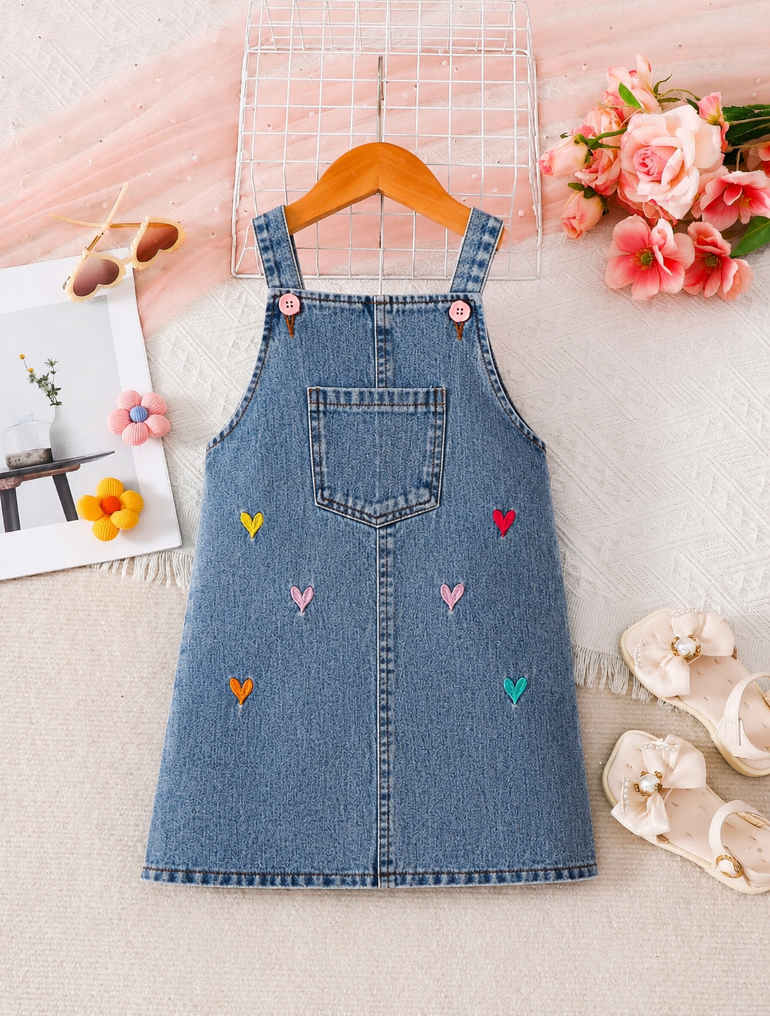 Vestido Jardinera de Jeans con bordados de corazón ( no incluye remera)