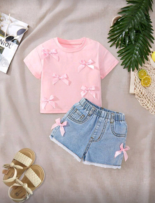 Blusa + short de jeans con moños 3D