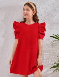 Vestido liso con mangas farol
