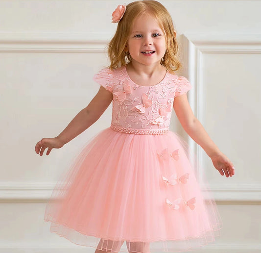 Vestido Elegante de tul con  bordados de mariposas y detalles de perlitas