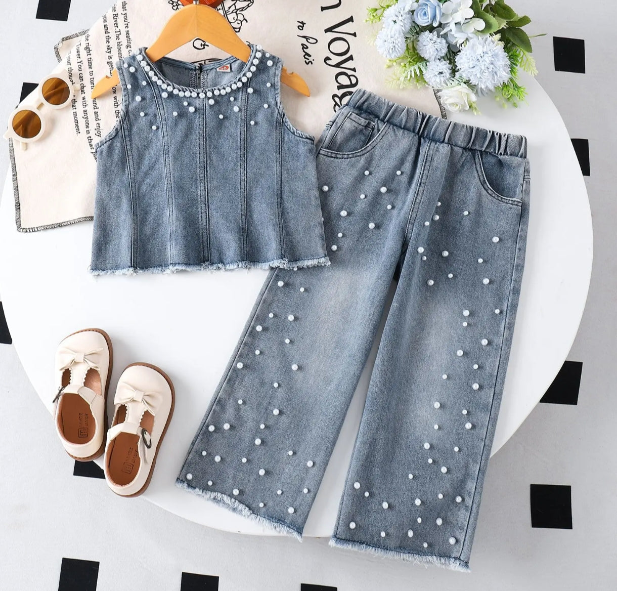 Blusa + pantalón de Jeans con detalles de perlitas